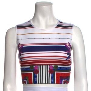Clover Canyon NWT Art Deco Striped Sleeveless Cropped Scuba Tank Red Blue Size S